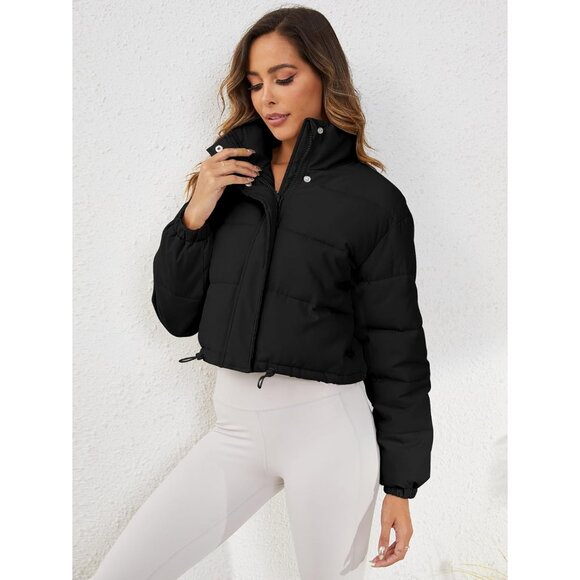 Women's Cropped Puffer Jacket Long Sleeve Puffy Coat Stand Collar Zip UP Black - Picture 3 of 6